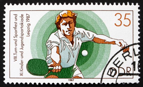 GDR - CIRCA 1987: a stamp printed in GDR shows Table Tennis, 11th Children�s and Youths� Spartakiade, circa 1987
