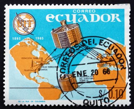 ECUADOR - CIRCA 1966: a stamp printed in the Ecuador shows Syncom 2, 1st successful Television Transmissions through Satellite, circa 1966