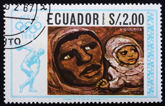 ECUADOR - CIRCA 1967: a stamp printed in the Ecuador shows Mother and Child, Painting by David Siqueiros, Summer Olympics, Mexico City 68, circa 1967