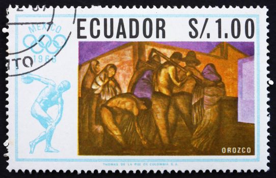 ECUADOR - CIRCA 1967: a stamp printed in the Ecuador shows Workers, Painting by Jose Orozco, Summer Olympics, Mexico City 68, circa 1967