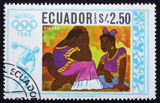 ECUADOR - CIRCA 1967: a stamp printed in the Ecuador shows Two Women, Painting by Diego Rivera, Summer Olympics, Mexico City 68, circa 1967