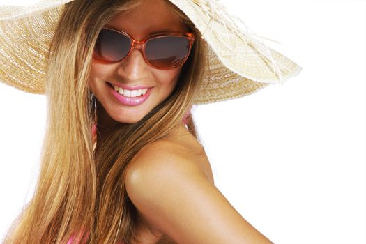 Summer time: Young woman portrait on white background, copy space