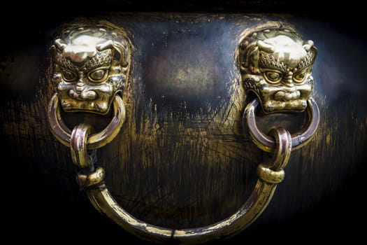 a colseup of lion decorations on a bronze pot in Forbidden City