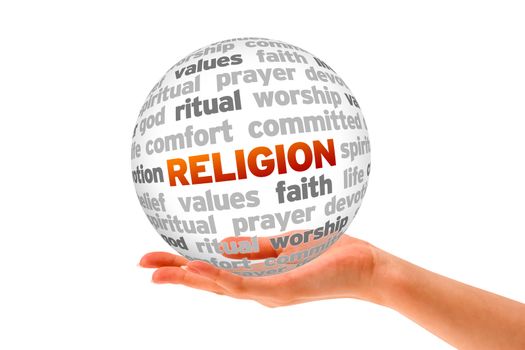Hand holding a religion Word Sphere on white background. 