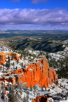 View of snow covered cliffs from Farview Point in Bryce Canyon National Park.