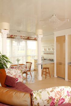 interior of the modern apartment overlooking a big window and kitchen, a vertical shot