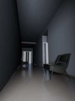dark empty hall of business center with arm-chairs at walls