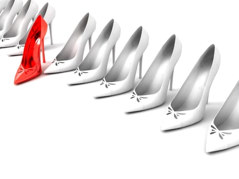 row of white lady shoes and one red shoe on a white background