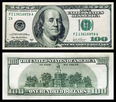 two sides of banknote of 100 dollars on a black background