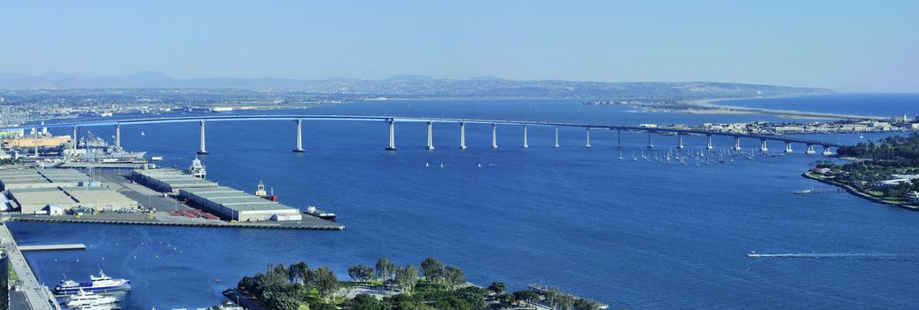 Beautiful panoramic view of San Diego Bay and Coronado Bridge on clear sunny day