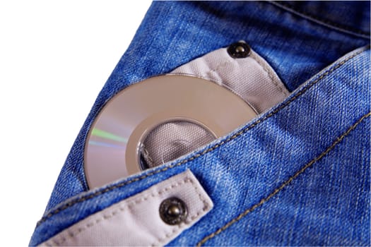compact disk with modern music against fashionable blue jeans