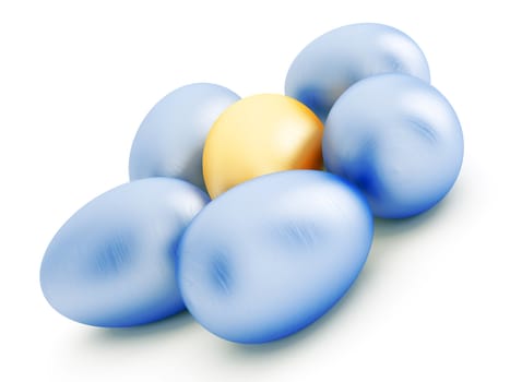 shiny blue and one gold eggs on a white background