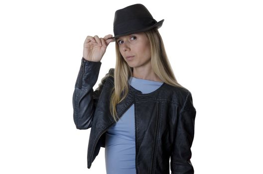 young blonde woman wearing a hat and a jacket isolated on white background