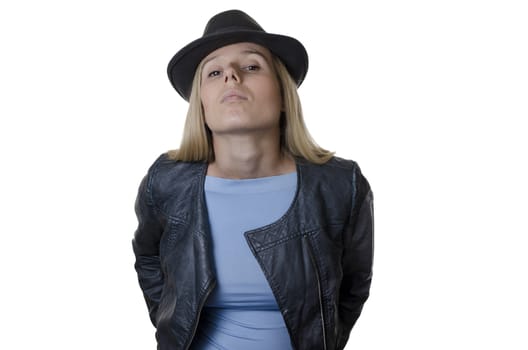 young blonde woman wearing a hat and a jacket isolated on white background