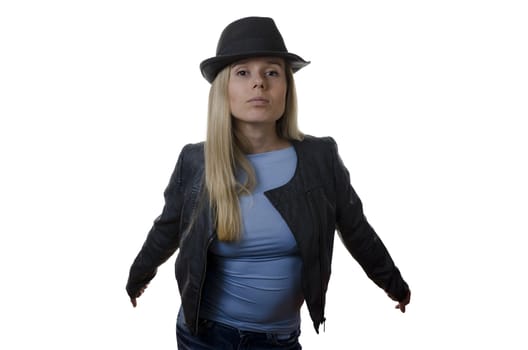 young blonde woman wearing a hat and a jacket isolated on white background