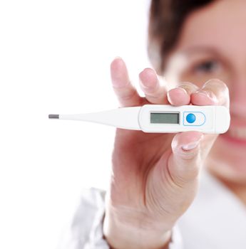 Doctor or nurse with thermometer on white background.