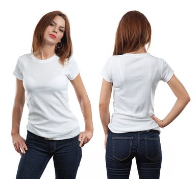 Young beautiful brunette female with blank white shirt, front and back. Ready for your design or artwork.