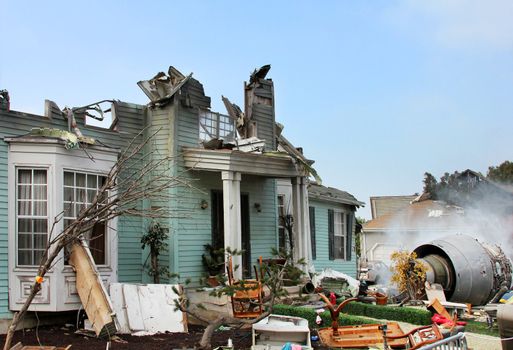 House damaged by disaster. Scenery for cinema