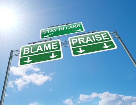Illustration depicting a highway gantry sign with a praise or blame concept. Blue sky background.