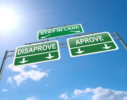 Illustration depicting a highway gantry sign with a approve or disapprove concept. Blue sky background.