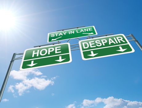 Illustration depicting a highway gantry sign with a hope or despair concept. Blue sky background.