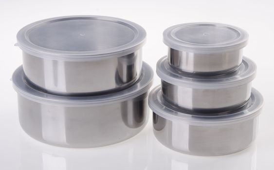 food containers, stainless steel food containers on white background