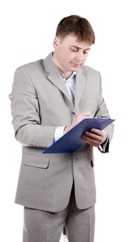 A man making notes on a white background