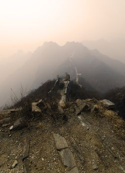 ruins of great wall on a foggy day