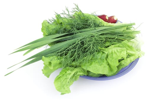 Green-stuff on a plate on a white background