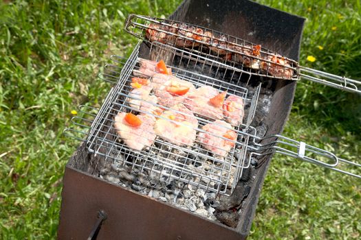 Meat on a grill in the solar spring afternoon