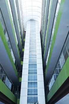 Indoor glass balconies in modern building