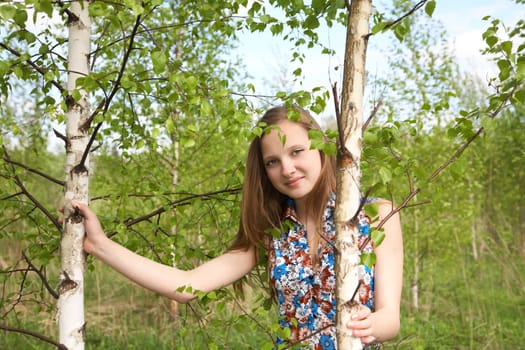 The girl among young birches in the afternoon