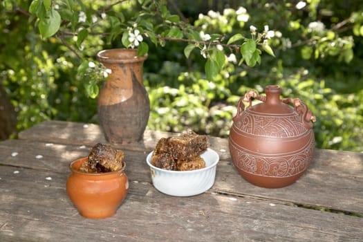 Honey in  pot against a blossoming pear