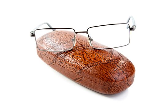 glasses in a case isolated on a white background