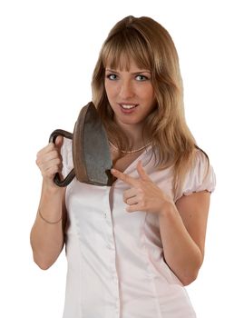 The girl with an ancient iron on a white background