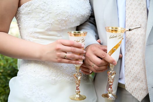 The groom and the bride hold glasses with schampagne close up