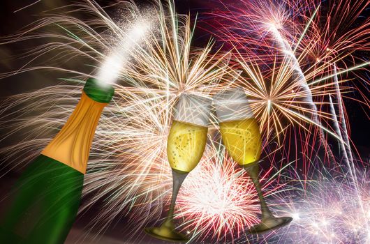 Champagne Bottle and Two Flutes Toasting with Fireworks Background