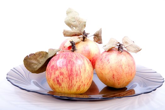 Apples with dry leaves on a glass plate