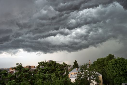 Dramatic cumulonimbus stormy clouds over city of Kiev, Ukraine