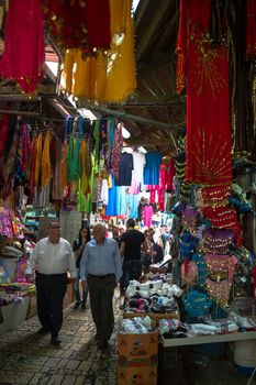 East market in Old city of Akko, Israel. Quarter of traditional female dressing