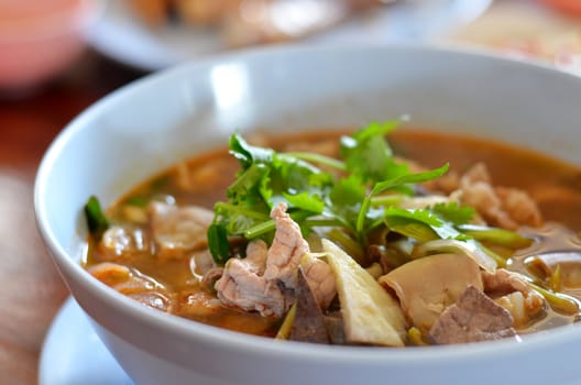 close-up of pork spare rib soup , hot and spicy food