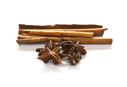 Cinnamon  and anise  on white background
