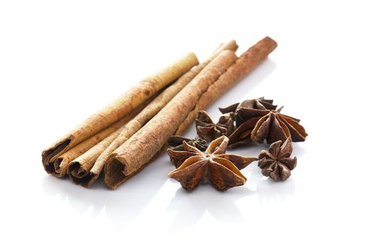 Cinnamon  and anise  on white background