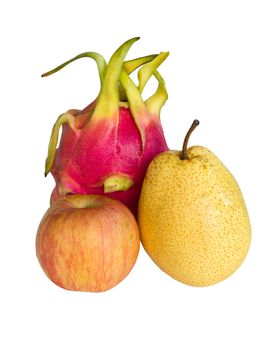 Dragonfruit,apple and pear isolated on white