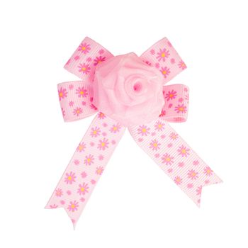 Festive pink bow made of ribbon isolated on white