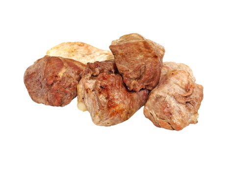 Slices of roasted meat isolated on white background.