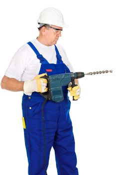 middle age man wearing worker suite holding drill for concrete isolated on white background