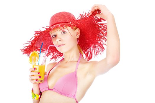 Pretty blondie in bikini with big red hat drinking cocktail, isolated on white background