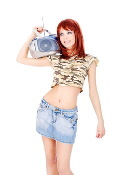 Handsome girl with radio on her shoulder. Isolated on white background