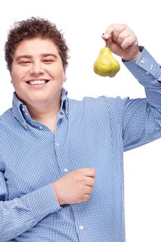 Happy chubby man holding pear, isolated on white